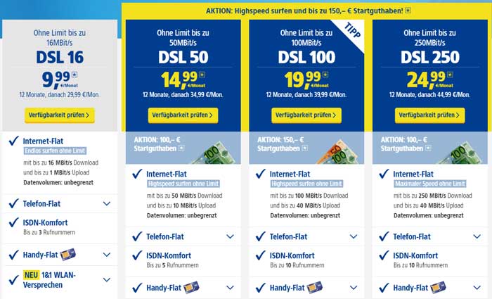 Übersicht 1&1 DSL Tarife