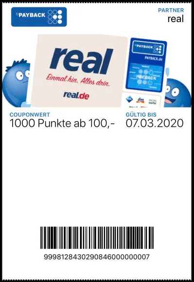 Payback Coupon für real: 1.000 Payback Punkte ab 100€ [März 2020]