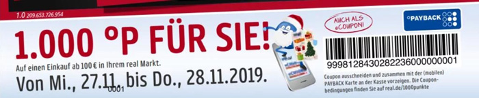 Payback Coupon für real: 1.000 Payback Punkte ab 100€ Einkaufswert