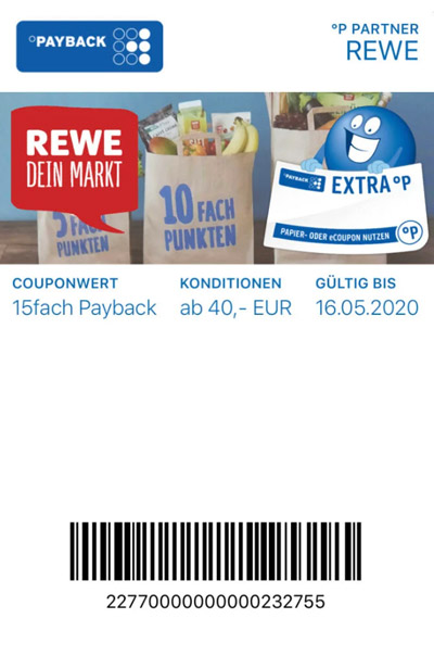 REWE Payback Aktion: 15-fach Payback Punkte (entspricht 7,5% Rabatt)