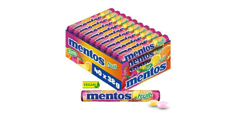 40x Rollen Mentos Fruit Dragees (Frucht-Bonbons mit Orange + Zitrone + Erdbeere) für 15,19€