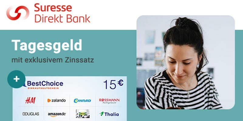 Suresse Direkt Bank Tagesgeldkonto + 15€ BestChoice-/Amazon Gutschein & 3,8% Zinsen